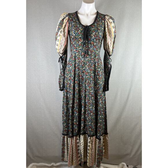 VTG GUNNE SAX Dress Prairie Cottage Floral Boho Crochet Maxi 7 Balloon Patchwork - Picture 1 of 16